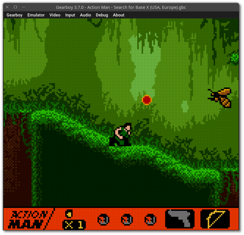 🕶️ A view of his UI (under Linux, on a dark theme, with a deliberately pixelated setting using the “Dot Matrix” filter) with the game “Action Man - Search for Base X”, a jungle shooter, here grappling with a huge hornet shooting at him.

📚️ Gearboy is a libre, multi-platform Nintendo Game Boy / Game Boy Color emulator with a focus on emulation precision. It has an interface or can be run from the command line, and features HLE BIOS support (no external BIOS required), drag-and-drop content, compressed content, state saving and modern controllers, automatic game/sound interrupt on focus loss, and various graphical effects. It also offers a complete debugger (with just-in-time disassembler, CPU breakpoints, memory access breakpoints, code navigation, debugging symbols, memory editor, IO inspector, ...). A very good emulator.