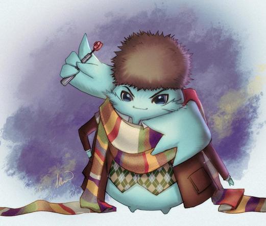 a digital art sketch of Riku the nopon dressed in attire similar to the Fourth Doctor (of Dr Who fame), including a wee sonic screwdriver and not-so-wee scarf