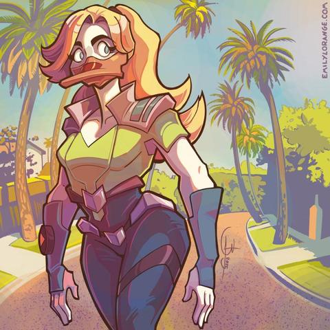 a digital drawing of an anthropomorphic duck character, from about the knees up, wearing super-hero armor and standing in the middle of a bright sunny street, with palm trees and blue skys behind
