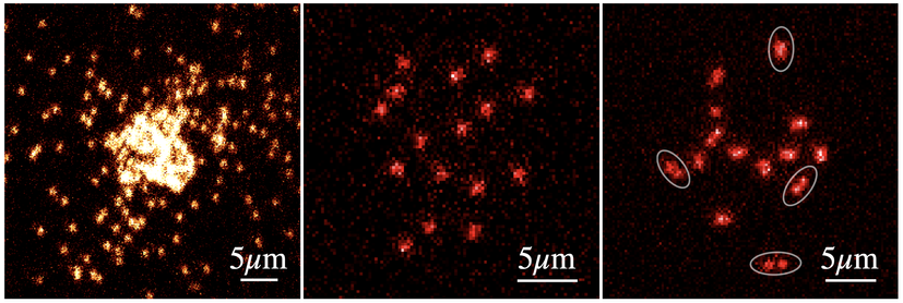 OK hold on, this one's a bit technical: Microscope images of bosonic 23Na forming a Bose-Einstein condensate (left), of a single spin state in a weakly interacting 6Li Fermi mixture (middle), and of both spin states of a strongly interacting Fermi mixture, directly revealing pair formation (right).