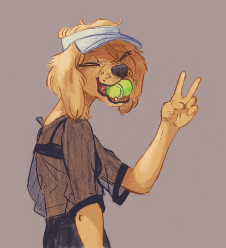 A drawing of an anthro golden retriever, pleased expression and holding a tennis ball in her mouth, throwing up a peace sign.