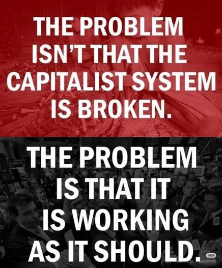 THE PROBLEM ISN'T THAT THE CAPITALIST SYSTEM IS BROKEN.

THE PROBLEM IS THAT IT IS WORKING AS IT SHOULD.