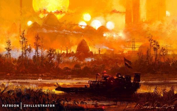 Sunset of a Dozen Suns, a digital painting by Zhillustrator. A small boat stands in shallow marshy waters in hot heavy atmosphere with many artificial suns shining in the sky.