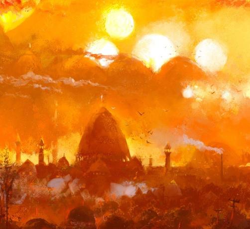 Details from the painting, middle part with some cupolas and artificial suns.