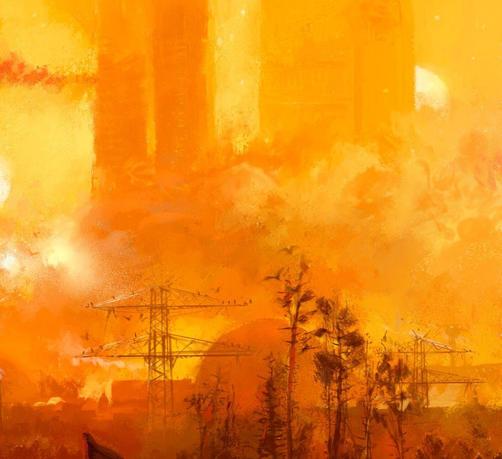 Left part of the painting with some power poles and orange atmosphere