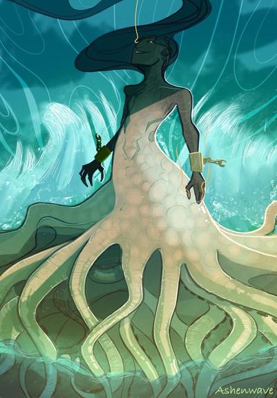 Illustration of a tentacled mermaid standing on rocky shore. The weather is stormy and dark, the waves hit the shore with force and spray the creature. They’re looking up with a smirk on their face.