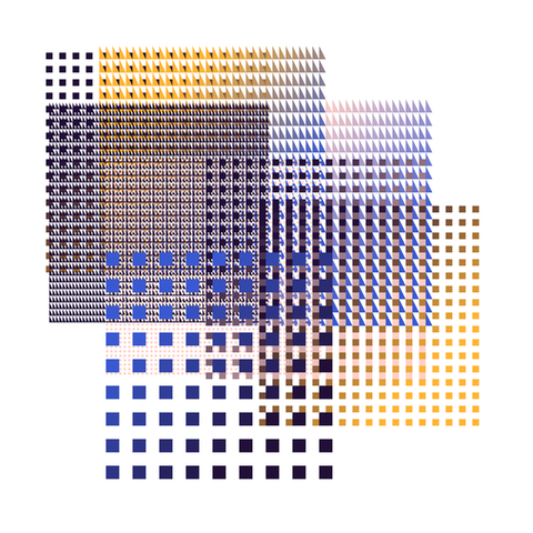 Abstract digital artwork featuring a mosaic of geometric shapes in a cool color palette. The design includes a gradient of triangles transitioning from dark blue to yellow, interspersed with square patterns in shades of blue and brown. The composition creates a visually dynamic and modern aesthetic, with intricate patterns and a harmonious blend of colors.