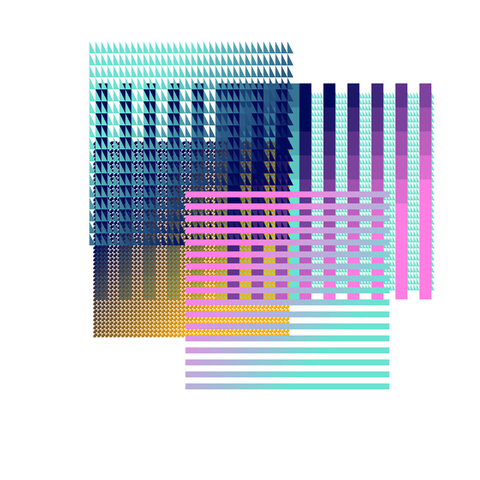 Intricate digital artwork featuring a complex arrangement of geometric shapes and patterns in a vibrant color palette. The composition includes a gradient of triangles transitioning from light blue to dark blue, interspersed with horizontal stripes in shades of pink, purple, and teal. The design showcases a blend of textures and hues, creating a visually dynamic and modern aesthetic.