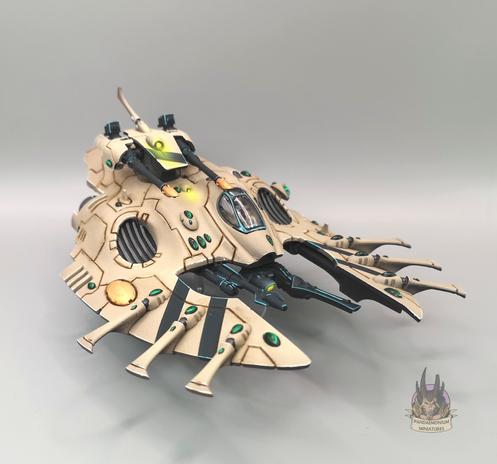 Wave Serpent with twin bright lances and shuriken cannon (front-right rotation view)