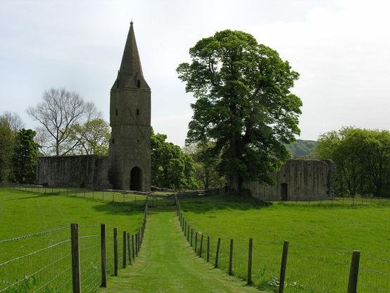 Restenneth Priory. The image shows a fenced grass path leading across fields of taller grass towards the tower and spire of a ruined church, which then extends towards the left of the frame. There’s a large tree to the right of the far end of the path and partly behind it is a wall that once formed part of another structure.