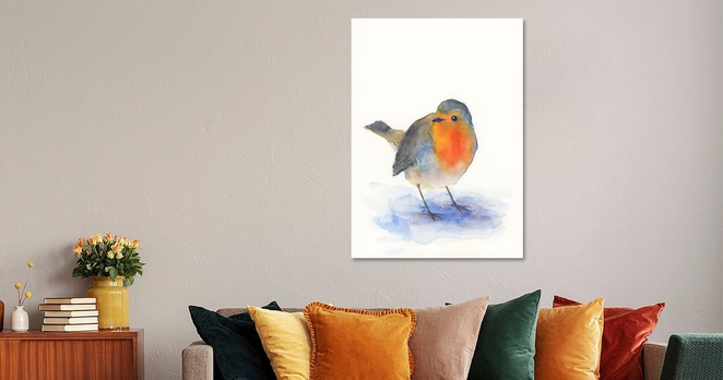 Lächelndes Rotkehlchen ist ein Aquarellgemälde im Hochformat handgemalt von der Künstlerin Karen Kaspar.
Ein kleines Rotkehlchen mit leuchtend orangefarbener Brust steht auf einem hellblauen Schatten. Der Hintergrund ist minimalistisch und unterstreicht die farbenfrohe Präsenz des Vogels. Der kleine Vogel schaut in Richtung des Betrachters und scheint ihn freundlich anzulächeln.
Das Rotkehlchen ist wie andere Singvögel ein gern gesehener Gast in meinem Garten und inspiriert mich immer wieder zu neuen Gemälden.