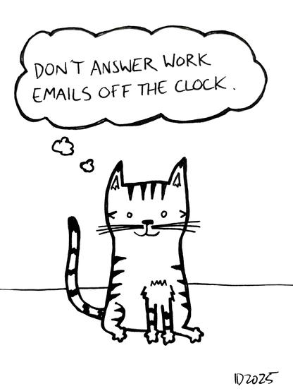 a striped cat sits and thinks "don't answer work emails off the clock."