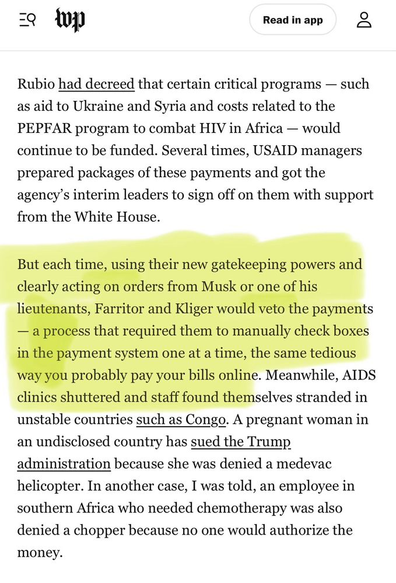 The image contains a screenshot of an article from The Washington Post discussing issues related to funding for healthcare programs, including the PEPFAR program for HIV in Africa. It highlights bureaucratic delays and decision-making challenges involving USAID managers, and mentions negative…