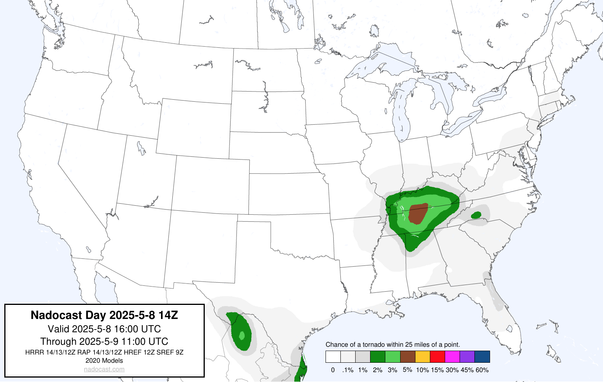 14z Day #Tornado Forecast - a map of the United States depicting areas of various colors to incidate tornado risks