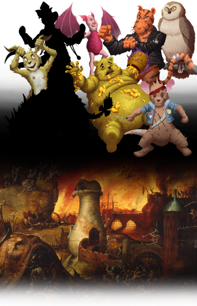 A tall image. At the bottom is a classical artwork of Hell separated by a band of darkness, and above it is a demonic Piglet, very large and upset Winnie the Pooh, and Rabbit with bloodshot eyes and holding his ears. In the upper right corner Owl stars malevolently, perched on a branch with a humanoid's ear in his talons. Between them is Tigger with his fists up, one eye blinded, and a tough leather jacket. On the bottom right is Roo wearing a ripped bandana, denim jack with pins, and a bandolier with knives, one blade in his hand. There are black silhouettes of other characters.