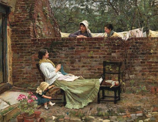 A woman sits comfortably knitting in a rustic courtyard while a child plays nearby and two other women engage in conversation over a brick wall.