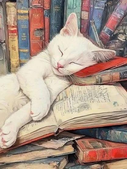 painted illustration of white kitten sleeping on pile of antique looking books