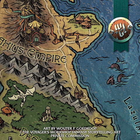 Closeup of the maps showing a mountainous area with a white dragon flying over a large forest.