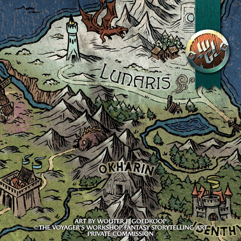 Closeup of the map showing castles and a red dragon flying over a snow covered kingdom.