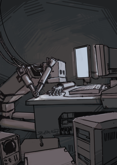 Main content: The image is a scene with a desktop, behind which there is a humanoid robot working at a computer.

Background environment: A darkened room.

Color details: The image is made mostly in monochrome, with shades of gray and black. A small amount of white is used to highlight the computer screen, creating contrast and drawing attention to this element. The overall color palette creates a dark and technological atmosphere.

Emotional expression: The atmosphere of the image creates a sense of isolation, mystery, and perhaps even some anxiety. 

Detailed close-up plans:

   Humanoid robot: The robot is depicted with attention to detail. Connections, cylinders and wires are visible. He stares tiredly at the monitor. Leaning his angular head on his left arm. 

    Computer: Old-style monitors, keyboard, and system unit are visible, giving the impression of outdated or specialized technology.