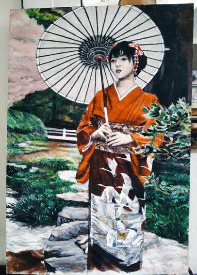 a painting of a woman standing on rocks over a stream, wearing a red kimono with an umbrella resting on her shoulder. there are flying cranes on from the hips down on her kimono, her hair is pinned up with flowers, she is looking up and to the right, pink and red flowers in her hair