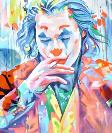 a painting of the joker, smoking a cigarette, seen from his chest up, done in an impressionist style with a bright light palette of colors