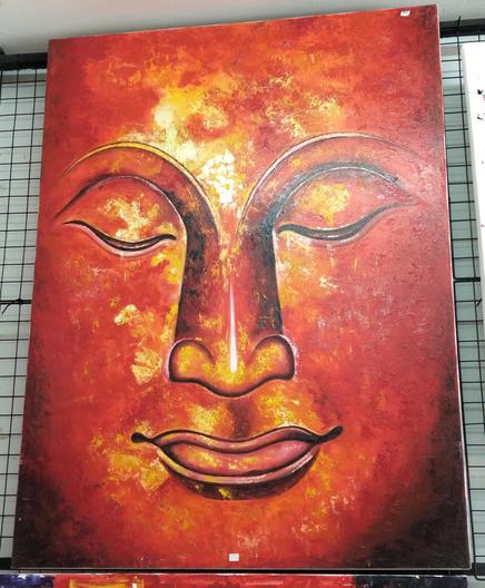 a painting of a buddha's face, here is a solar effect, his eyes low in meditation