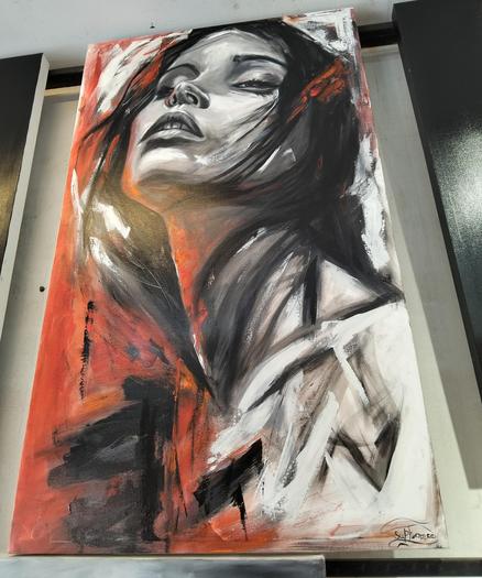 a painting of a woman in a robe against a white background, slashes of black and red paint, her face looking upwards