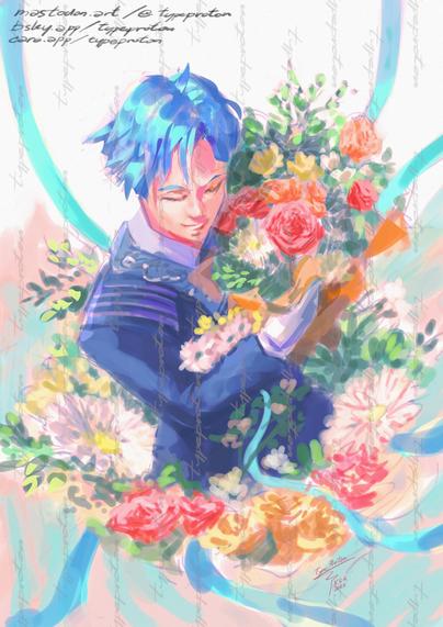 Rough digital fan-art sketch of Holostars EN V-tuber Regis Altare in his suit outfit and a flower bouquet.
