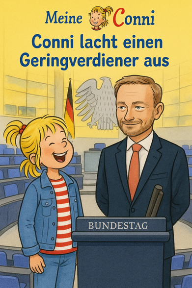 **TL;DR:** A satirical children's book cover shows Conni laughing at a low-income earner in the Bundestag, mocking political elitism.

**Extracted Text:**
"Meine Conni
Conni lacht einen Geringverdiener aus
BUNDESTAG"

**Image Description:**
This parody "Conni" book cover places the character in the German Bundestag beside a suited man who resembles a politician, with the German eagle and flag in the background. Conni is laughing openly while the man smiles stiffly. The title translates to "Conni laughs at a low-income earner," making pointed social commentary by contrasting childlike joy with a harsh political message about class inequality.