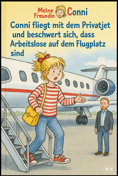 **TL;DR:** A satirical parody cover shows Conni angrily decrying unemployed people at an airfield while exiting a private jet, mocking elitist attitudes.

**Extracted Text:**
"Meine Freundin Conni
Conni fliegt mit dem Privatjet und beschwert sich, dass Arbeitslose auf dem Flugplatz sind"

**Image Description:**
This spoof "Conni" children's book cover depicts Conni stepping off a private jet, pointing angrily while carrying a yellow purse. A suited man stands nearby, possibly airport staff or security. The title translates to: "Conni flies on a private jet and complains that unemployed people are at the airfield." The image and text satirize class snobbery and tone-deaf privilege in a childlike illustration style.