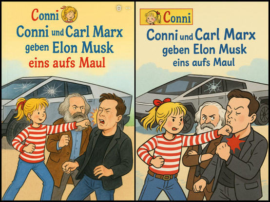 **TL;DR:** A satirical meme shows Conni and Karl Marx punching Elon Musk, parodying children's book covers in a humorous political critique.

**Extracted Text:**

1. "Conni
   Conni und Carl Marx geben Elon Musk eins aufs Maul"
2. "Conni
   Conni und Carl Marx geben Elon Musk eins aufs Maul"

**Image Description:**
This meme features two parody book covers styled like the German “Conni” series. Both images show Conni and Karl Marx confronting Elon Musk in front of a Tesla Cybertruck with a broken window. In each, Conni punches Musk in the face while Marx stands behind them with a serious expression. The title translates to "Conni and Karl Marx punch Elon Musk in the face," combining childlike innocence with overt political satire.