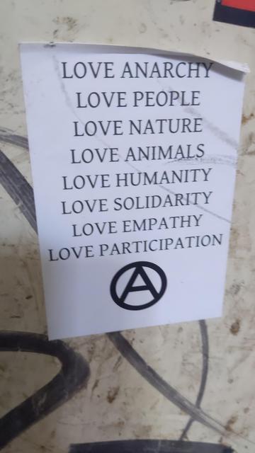 LOVE ANARCHY
LOVE NATURE
LOVE ANIMALS
LOVE HUMANITY
LOVE EMPATHY
LOVE PARTICIPATION
anarchy symbol