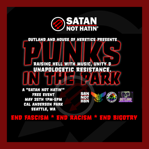 Text same as in body of this post. Also features logos of House of Heretics, Satan Not Hatin and Outland.