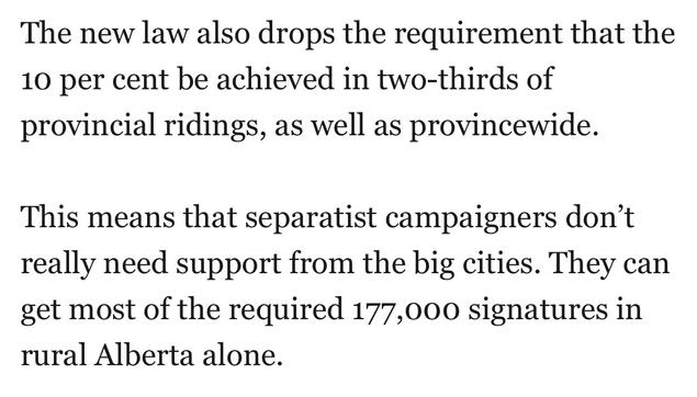 The new law also drops the requirement that the
10 per cent be achieved in two-thirds of
provincial ridings, as well as provincewide.

This means that separatist campaigners don’t
really need support from the big cities. They can
get most of the required 177,000 signatures in
rural Alberta alone.