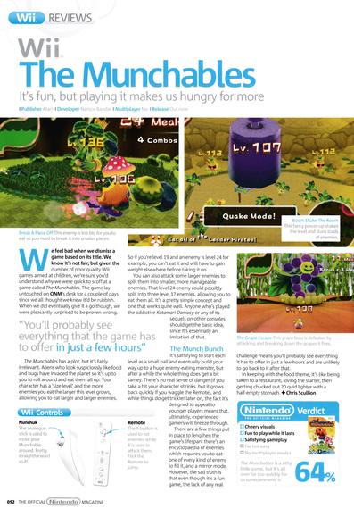 Review for The Munchables on Wii.
Taken from Official Nintendo Magazine 45 - August 2009 (UK)

score: 64%