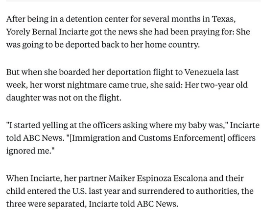 An article discusses Yorely Bernal Inciarte's distressing experience during her deportation process from the U.S. to Venezuela. After months in detention, she was informed of her deportation but discovered her two-year-old daughter was not on…