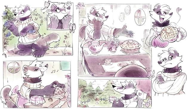 Four panel sketch page, plus two busts, of Bramble the badger.
First panel shows her picking berries with a basket, and admiring butterflies fluttering around her.
Next panel she's making a pie while singing a little tune.
Third panel is Bramble inviting you to the table which has the freshly baked pie and a pot of tea on it.
Last panel is Bramble sitting outside drinking tea and calmly enjoying the scenery.
The two busts show Bramble happily holding her pie, and Bramble looking upset with you with her arms crossed.