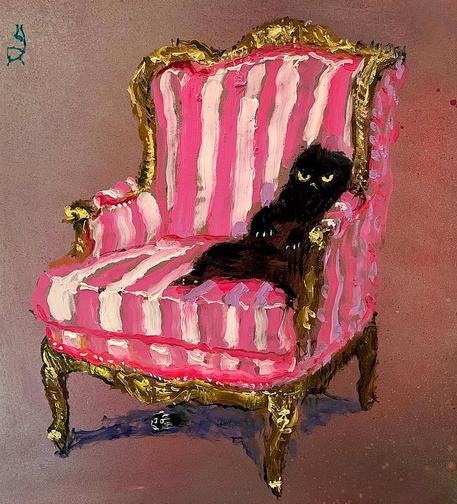 light and dark pink striped ornate antique arm chair with very mean looking cat sitting like a person in it