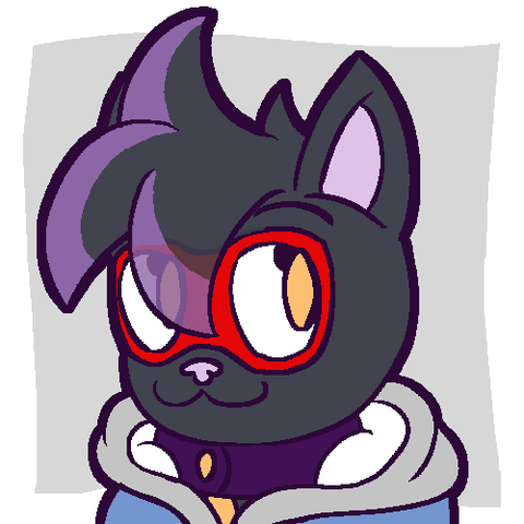 A black cat with purple tips on her hair. She's wearing red glasses, a purple collar and a blue hoodie. She's smiling and looking up.