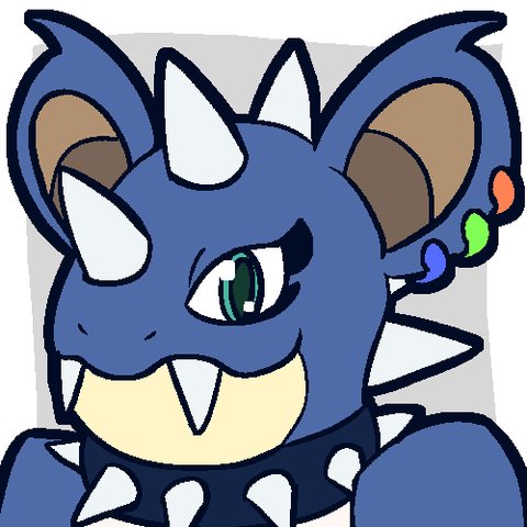A dark blue Nidoqueen. They have white horns all over their head and neck and similarly colored teeth sticking out of their mouth. They're wearing a spiked collar and they have a red, green and blue piercing in their left ear.