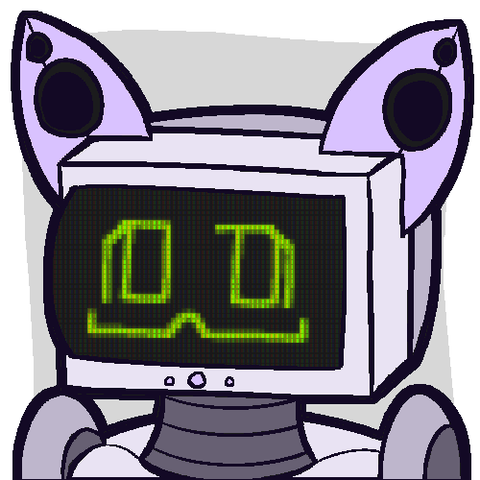 A robotic cat with a crt monitor for a head. The housing of the crt is pink and two light purple ears are sticking out. The ears have a big and a small speaker each. They have a smiling face on the monitor, looking up.