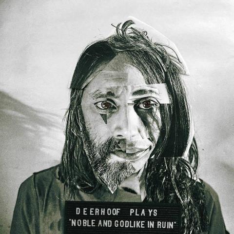 A black & white portrait resembling a mug shot from the mid 1900's or so, but the person in the mug shot is a photo collage of bits and pieces of all of the band members' faces.  One member's eyebrow, another member's eye, half a member's mouth, the other half another, etc.  
The black placard with white letters at the bottom of the image, below the subject's chin says in sans-serif, all caps:  "DEERHOOF PLAYS "NOBLE AND GODLIKE IN RUIN""