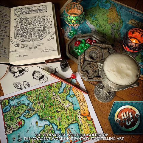 Handcrafted maps, leather bound notebooks with inked notes and drawings, a groovy dice box and a pewter cup filled to the brim with ale.