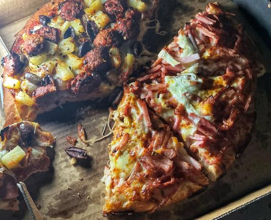 Pizza via solar lantern.

One half Aussie & the half Mexican.