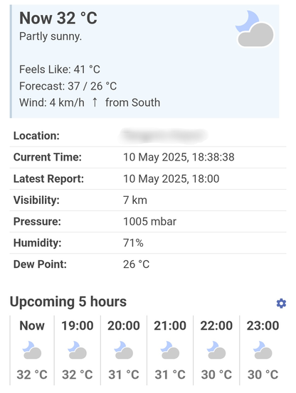 Screenshot of a website showing the weather. Now 32°C, feels like 41 °C, humidity 71%, dew point 26 °C.