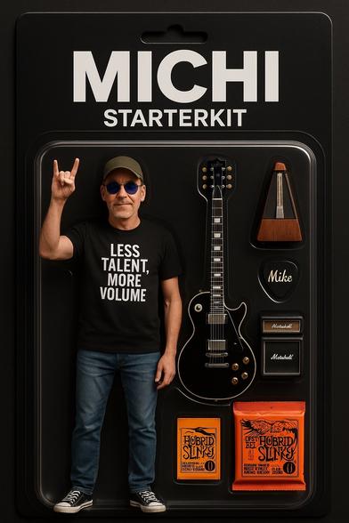 An AI created action figure of a man wearing sunglasses and a black t-shirt with the text "LESS TALENT, MORE VOLUME" stands in front of a black background. He makes a rock hand gesture. The display includes a black guitar, a wooden metronome, a pick and guitar strings,
