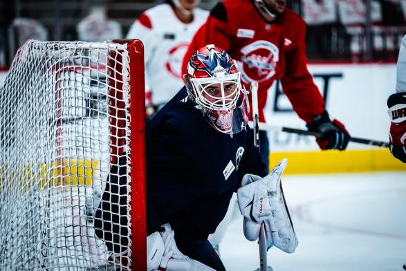 Logan Thompson tends goal at morning skate.