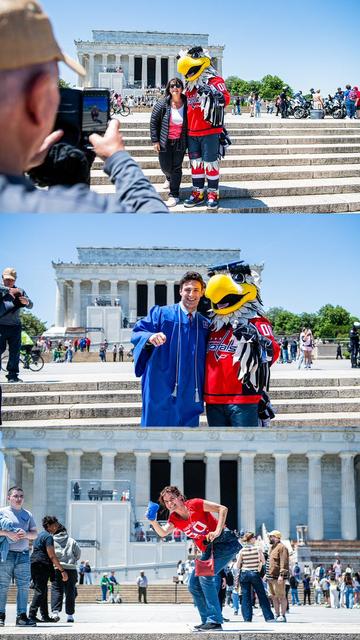 A photo collage of Slapshot posing with Capitals fans in front of the Lincoln Memorial.