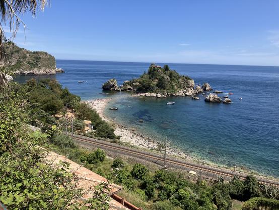 Isola Bella on the coast at Taormina. The island is connected to the land by a sand bank.
